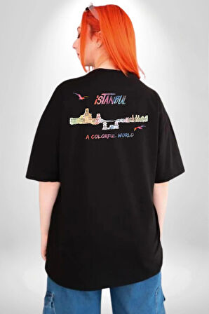 İstanbul Özel Tasarım  Pamuklu Kadın Erkek Oversize Sırt Dijital Baskılı Siyah T-shirt