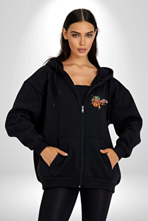 Şampiyon 24 Özel Tasarım Futbol Kadın Erkek Siyah Kapüşonlu Fermuarlı Baskılı Hırka Sweatshirt