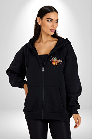 Şampiyon 24 Özel Tasarım Futbol Kadın Erkek Siyah Kapüşonlu Fermuarlı Baskılı Hırka Sweatshirt