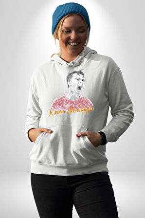 Kerem Aktürkoğlu Futbol Kadın Erkek  Beyaz Kapüşonlu Sweatshirt Hoodie