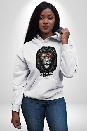 Kükresen Yeter Sarı Kırmızı Aslan Kadın Erkek  Beyaz Kapüşonlu Sweatshirt Hoodie