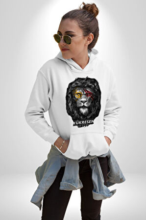 Kükresen Yeter Sarı Kırmızı Aslan Kadın Erkek  Beyaz Kapüşonlu Sweatshirt Hoodie