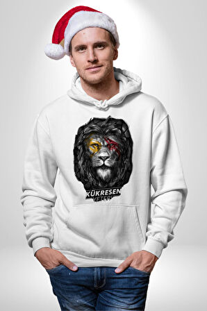 Kükresen Yeter Sarı Kırmızı Aslan Kadın Erkek  Beyaz Kapüşonlu Sweatshirt Hoodie