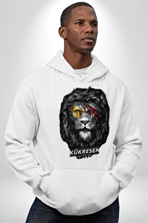 Kükresen Yeter Sarı Kırmızı Aslan Kadın Erkek  Beyaz Kapüşonlu Sweatshirt Hoodie