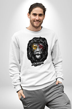 Kükresen Yeter Sarı Kırmızı Aslan Kadın Erkek Beyaz Sweatshirt 