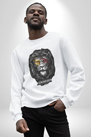 Kükresen Yeter Sarı Kırmızı Aslan Kadın Erkek Beyaz Sweatshirt 