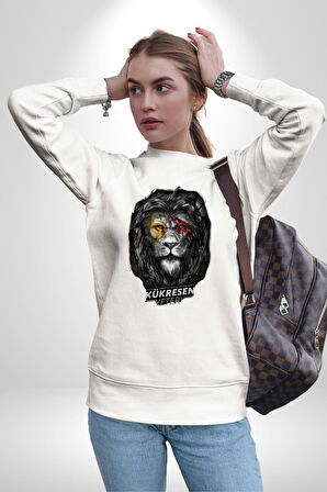 Kükresen Yeter Sarı Kırmızı Aslan Kadın Erkek Beyaz Sweatshirt 