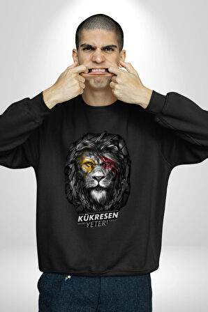 Kükresen Yeter Sarı Kırmızı Aslan Kadın Erkek Siyah Sweatshirt 