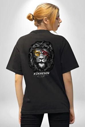 Kükresen Yeter Sarı Kırmızı Aslan Pamuklu Kadın Erkek Oversize Sırt Dijital Baskılı Siyah T-shirt