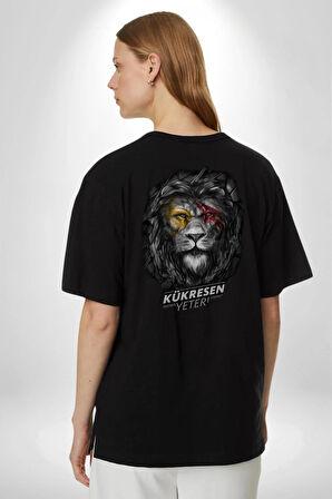 Kükresen Yeter Sarı Kırmızı Aslan Pamuklu Kadın Erkek Oversize Sırt Dijital Baskılı Siyah T-shirt
