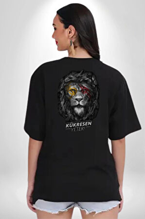 Kükresen Yeter Sarı Kırmızı Aslan Pamuklu Kadın Erkek Oversize Sırt Dijital Baskılı Siyah T-shirt