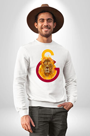 Sarı Kırmızı Aslan Ateş Logo Kadın Erkek Beyaz Sweatshirt 
