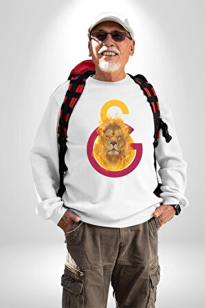 Sarı Kırmızı Aslan Ateş Logo Kadın Erkek Beyaz Sweatshirt 
