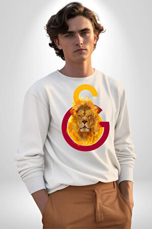 Sarı Kırmızı Aslan Ateş Logo Kadın Erkek Beyaz Sweatshirt 