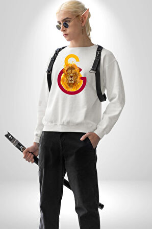 Sarı Kırmızı Aslan Ateş Logo Kadın Erkek Beyaz Sweatshirt 