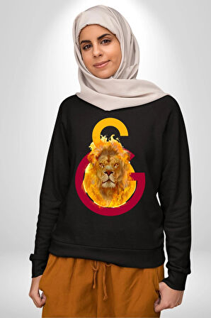 Sarı Kırmızı Aslan Ateş Logo Kadın Erkek Siyah Sweatshirt 