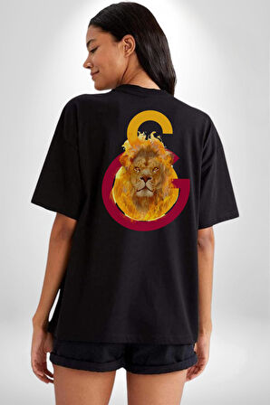 Sarı Kırmızı Aslan Ateş Logo Pamuklu Kadın Erkek Oversize Sırt Dijital Baskılı Siyah T-shirt