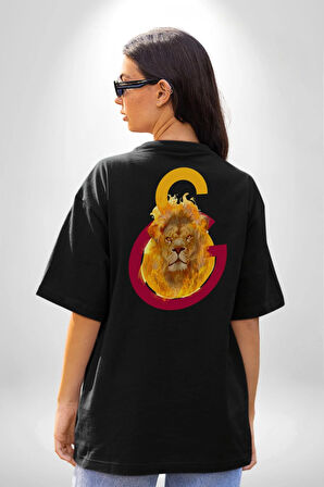 Sarı Kırmızı Aslan Ateş Logo Pamuklu Kadın Erkek Oversize Sırt Dijital Baskılı Siyah T-shirt
