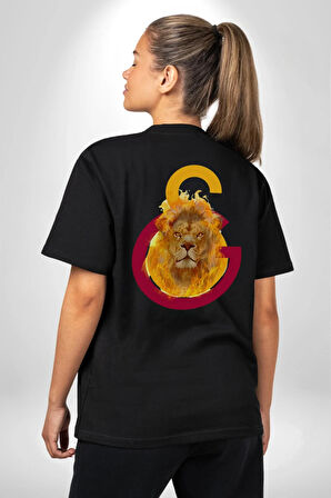Sarı Kırmızı Aslan Ateş Logo Pamuklu Kadın Erkek Oversize Sırt Dijital Baskılı Siyah T-shirt