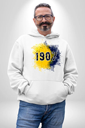 1907 Sarı Lacivert Futbol Kadın Erkek  Beyaz Kapüşonlu Sweatshirt Hoodie
