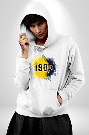 1907 Sarı Lacivert Futbol Kadın Erkek  Beyaz Kapüşonlu Sweatshirt Hoodie