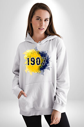 1907 Sarı Lacivert Futbol Kadın Erkek  Beyaz Kapüşonlu Sweatshirt Hoodie