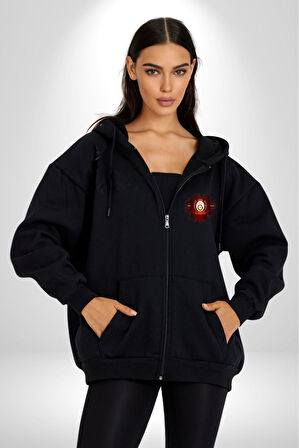 Sarı Kırmızı Logo Aslan Futbol Kadın Erkek Siyah Kapüşonlu Fermuarlı Baskılı Hırka Sweatshirt