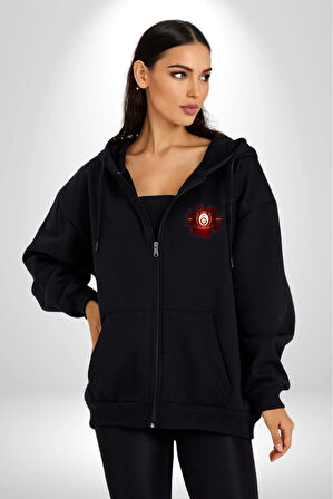 Sarı Kırmızı Logo Aslan Futbol Kadın Erkek Siyah Kapüşonlu Fermuarlı Baskılı Hırka Sweatshirt
