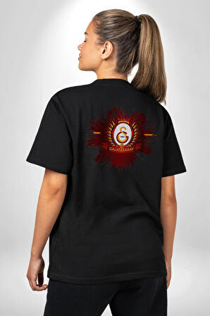 Sarı Kırmızı Logo Aslan Futbol Pamuklu Kadın Erkek Oversize Sırt Dijital Baskılı Siyah T-shirt