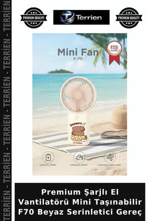 Premium Şarjlı El Vantilatörü Mini Taşınabilir F70 Beyaz Serinletici Gereç