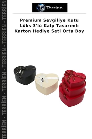 Premium Sevgiliye Kutu Lüks 3'lü Kalp Tasarımlı Karton Hediye Seti Orta Boy