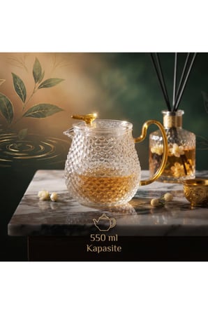 10 Adet Şık Tasarımlı Cam Demlik – 550 ML Borosilikat Cam, Altın Sarısı Kulplu Dokulu Glass Teapot, Çay Ve Bitki Çayı Demliği