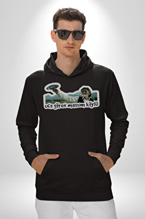Ufo Gören Masum Köylü Yazılı Kadın Erkek  Siyah Kapüşonlu Sweatshirt Hoodie