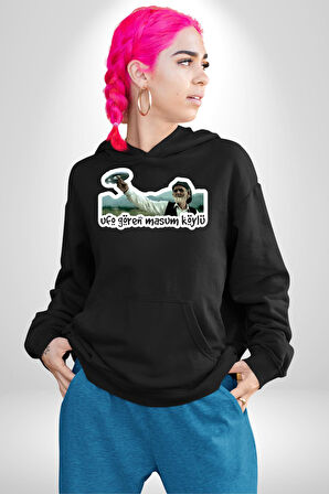 Ufo Gören Masum Köylü Yazılı Kadın Erkek  Siyah Kapüşonlu Sweatshirt Hoodie