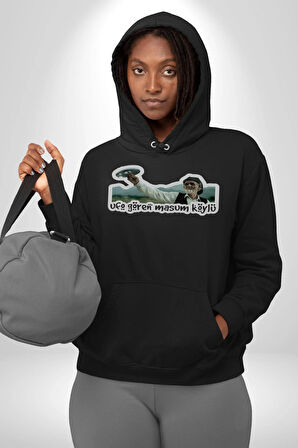 Ufo Gören Masum Köylü Yazılı Kadın Erkek  Siyah Kapüşonlu Sweatshirt Hoodie