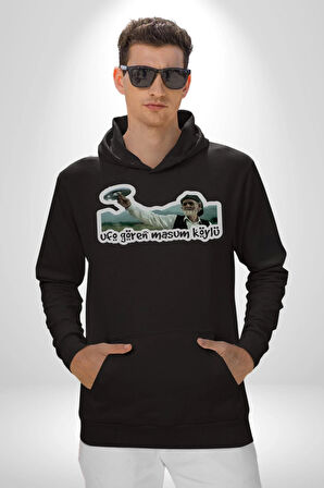 Ufo Gören Masum Köylü Yazılı Kadın Erkek  Siyah Kapüşonlu Sweatshirt Hoodie