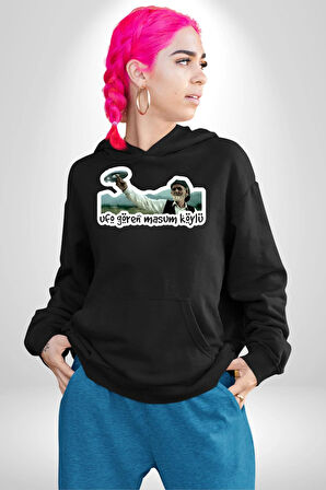 Ufo Gören Masum Köylü Yazılı Kadın Erkek  Siyah Kapüşonlu Sweatshirt Hoodie