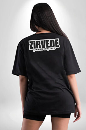Zirvede Çamaşırı Asıyorum Yazılı Pamuklu Kadın Erkek Oversize Sırt Dijital Baskılı Siyah T-shirt