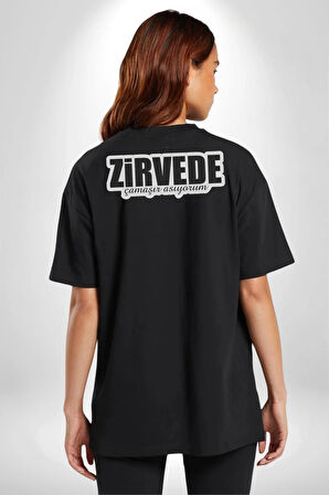 Zirvede Çamaşırı Asıyorum Yazılı Pamuklu Kadın Erkek Oversize Sırt Dijital Baskılı Siyah T-shirt