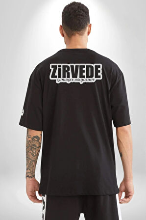 Zirvede Çamaşırı Asıyorum Yazılı Pamuklu Kadın Erkek Oversize Sırt Dijital Baskılı Siyah T-shirt