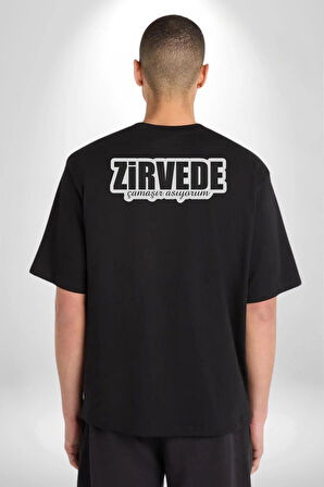 Zirvede Çamaşırı Asıyorum Yazılı Pamuklu Kadın Erkek Oversize Sırt Dijital Baskılı Siyah T-shirt