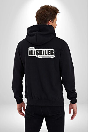 Ciddi İlişkiler Şarjımdan Önce Bitiyor Yazılı Kadın Erkek Siyah Kapüşonlu Fermuarlı Baskılı Hırka Sweatshirt