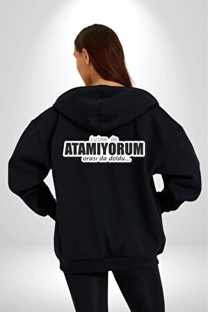 İçime de Atamıyorum Orasıda Doldu Yazılı Kadın Erkek Siyah Kapüşonlu Fermuarlı Baskılı Hırka Sweatshirt