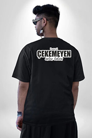 Beni Çekemeyen Anten Taksın Yazılı Pamuklu Kadın Erkek Oversize Sırt Dijital Baskılı Siyah T-shirt