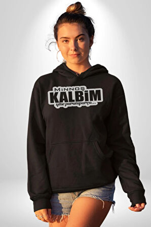 Minoş Kalbim Yine Paramparça Yazılı Kadın Erkek  Siyah Kapüşonlu Sweatshirt Hoodie