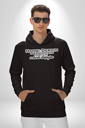 Hangi Derdin Dermanısın Söyle O derde Düşüyüm Yazılı Kadın Erkek  Siyah Kapüşonlu Sweatshirt Hoodie