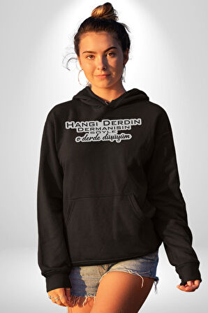Hangi Derdin Dermanısın Söyle O derde Düşüyüm Yazılı Kadın Erkek  Siyah Kapüşonlu Sweatshirt Hoodie