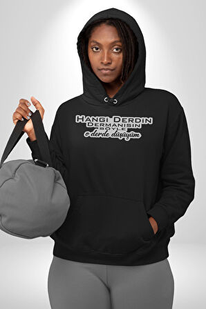 Hangi Derdin Dermanısın Söyle O derde Düşüyüm Yazılı Kadın Erkek  Siyah Kapüşonlu Sweatshirt Hoodie
