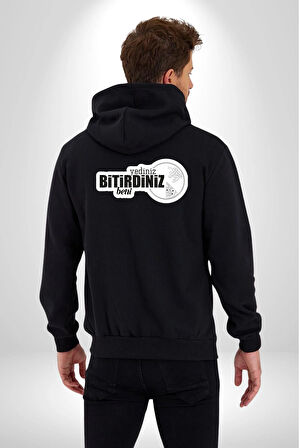 Yediniz Bitrdiniz Beni Yazılı Kadın Erkek Siyah Kapüşonlu Fermuarlı Baskılı Hırka Sweatshirt