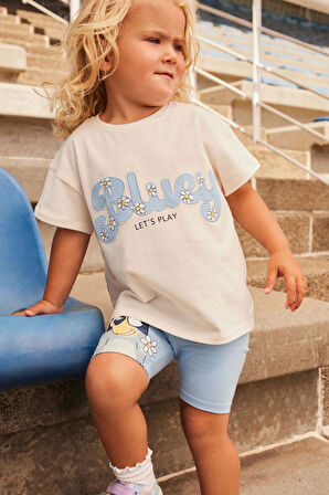 Next Baby Pamuklu Mavi Çiçek Desenli Kısa Kollu Tshirt Tayt Alt Üst Takım
